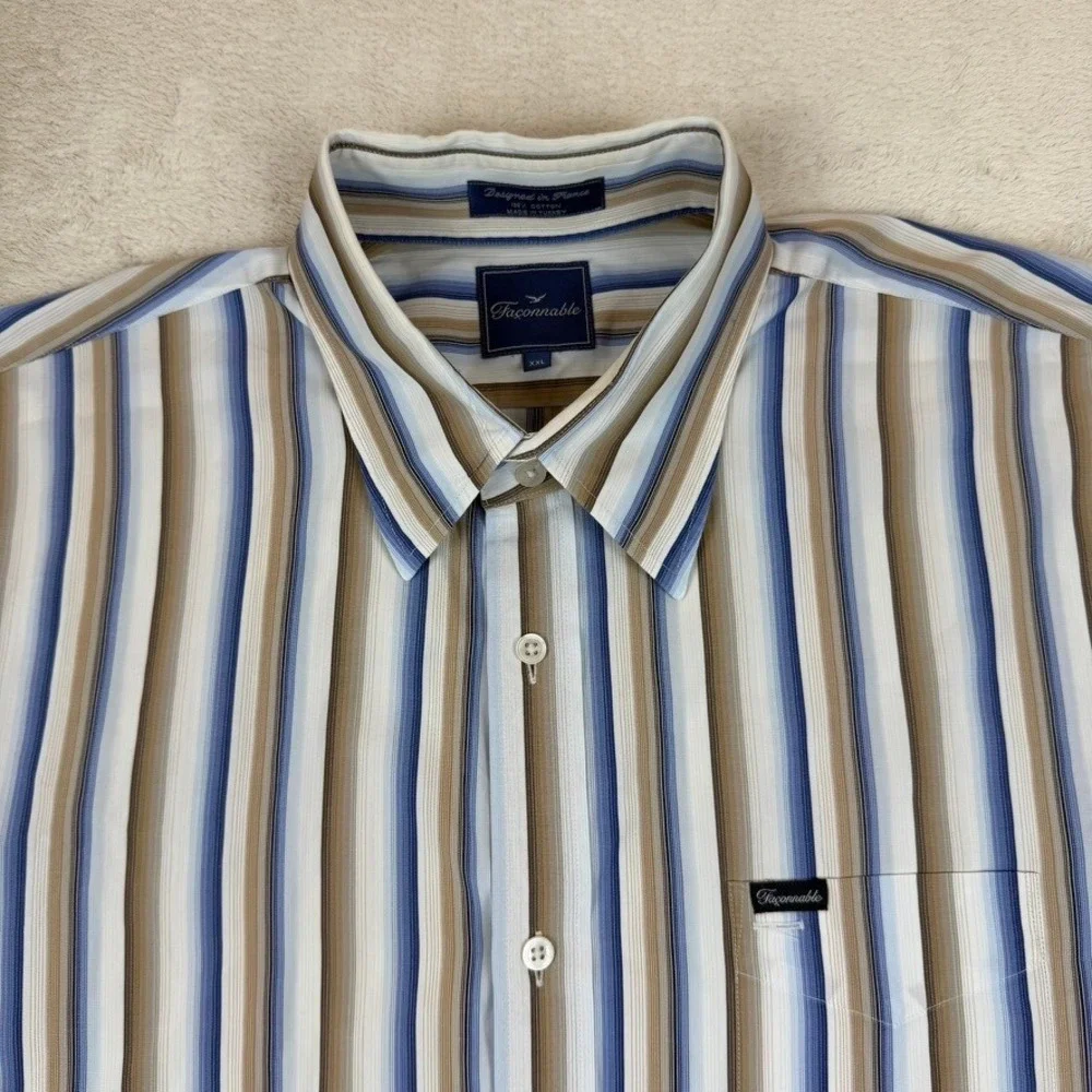 Faconnable Mens XXL‎ Blue/Tan/White Striped Long Sleeve Button Down Cotton Shirt
